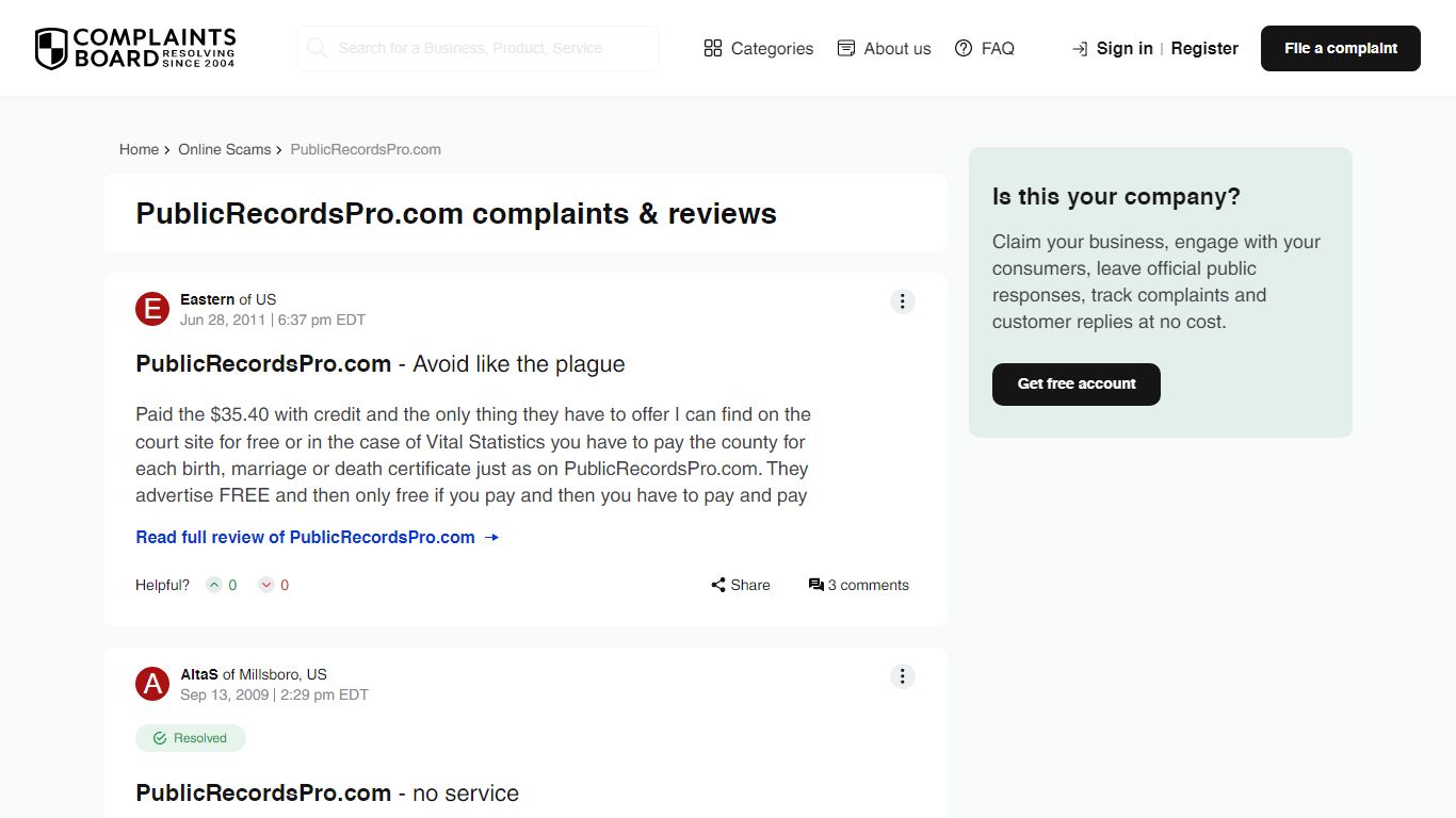 PublicRecordsPro.com Negative Reviews - Complaints Board.